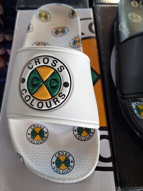 Womens White Cross Colours Slide with Green & Yellow Logo